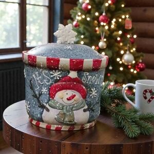 Ceramic Christmas “It’s Snow Time!” Snowman Cookie Jar Candy Treat Jar 8"